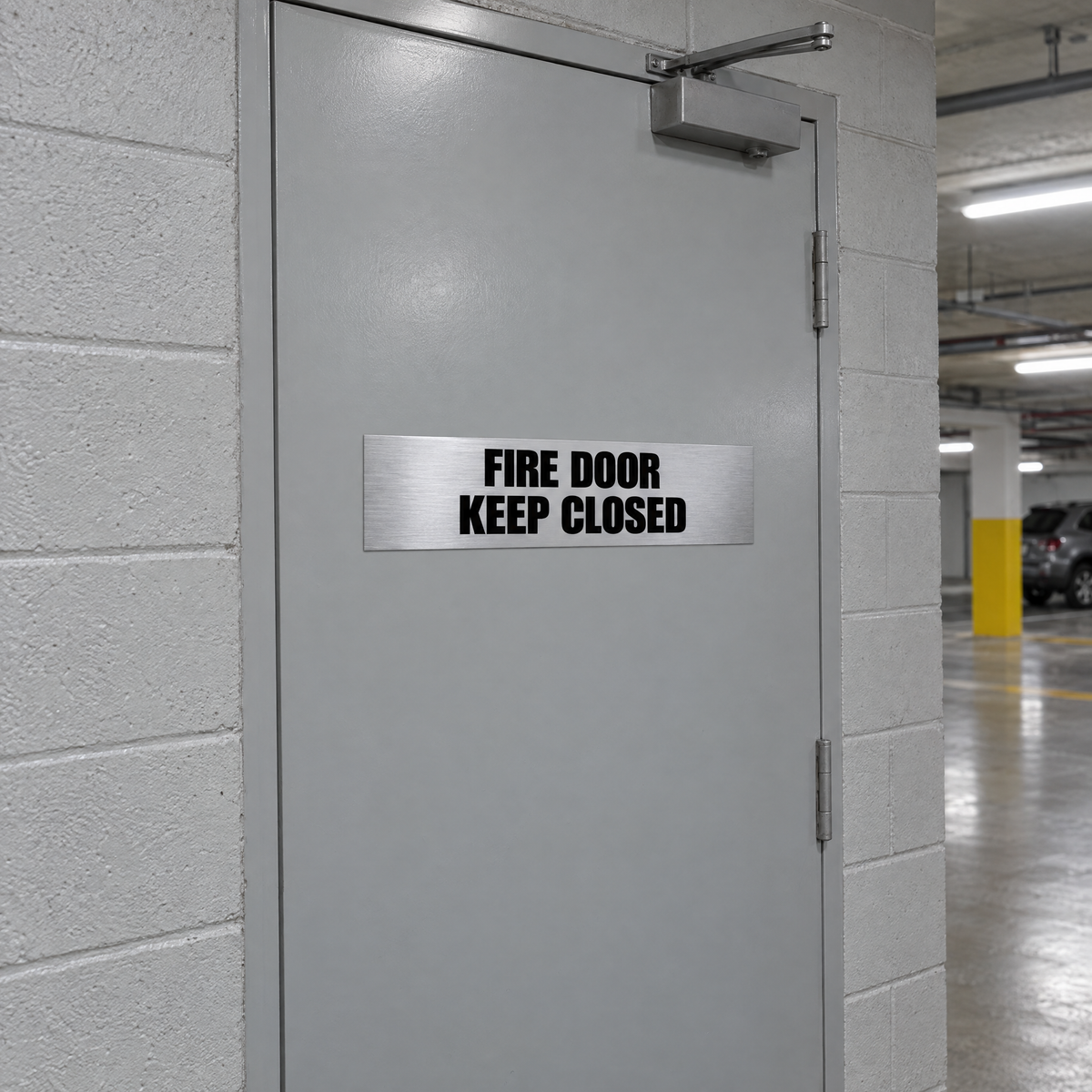 Brushed silver and black Fire Door Keep Closed sign on a plant room fire door in an Australian basement
