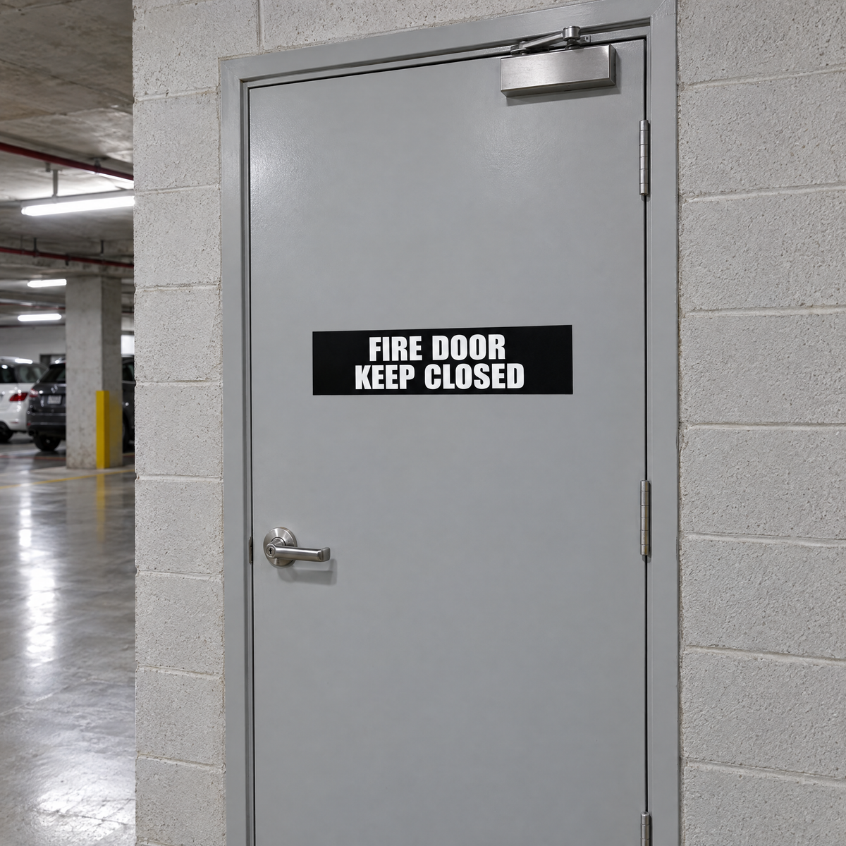 Black and white Fire Door Keep Closed sign on a plant room fire door in an Australian basement