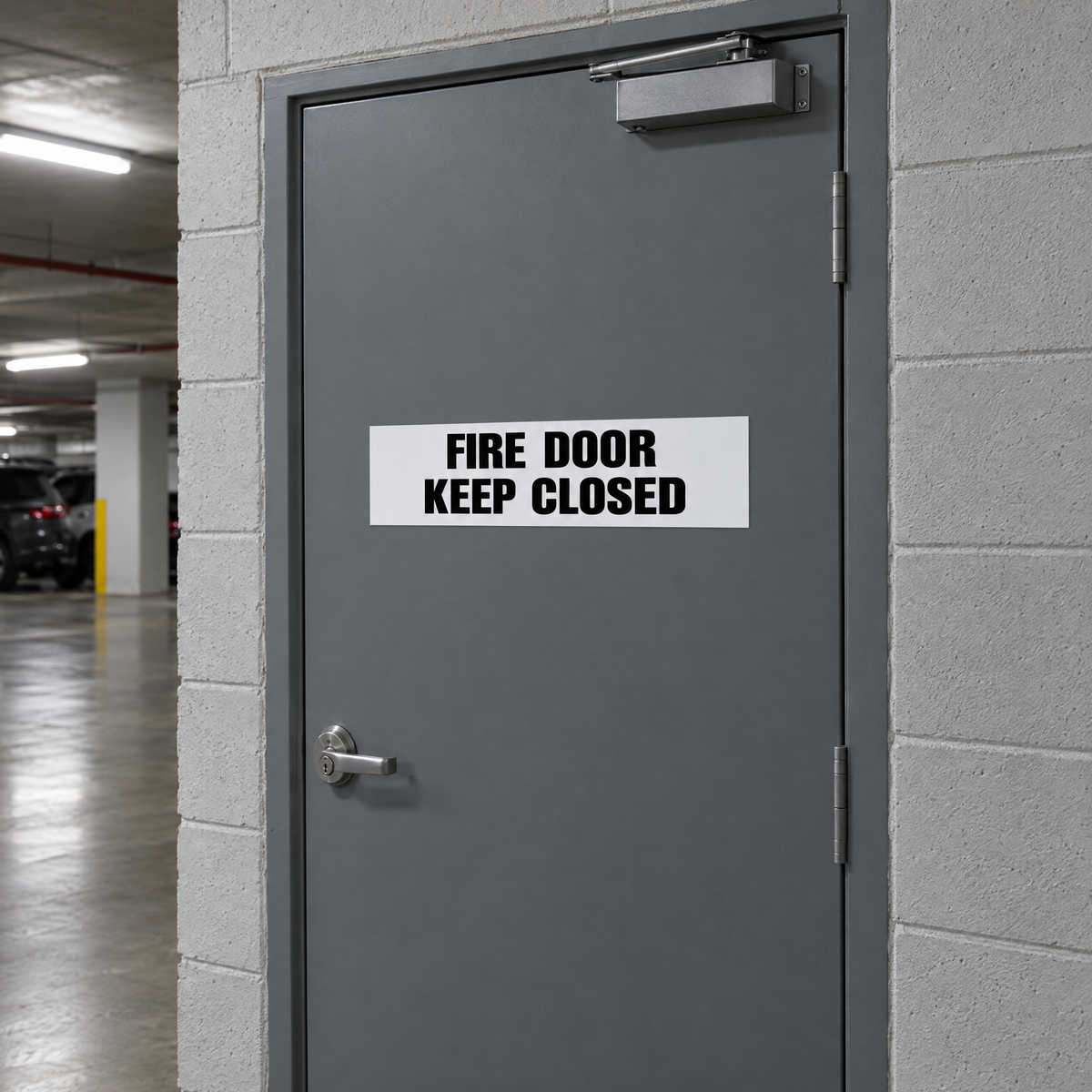 White and black Fire Door Keep Closed sign on a plant room fire door in an Australian basement