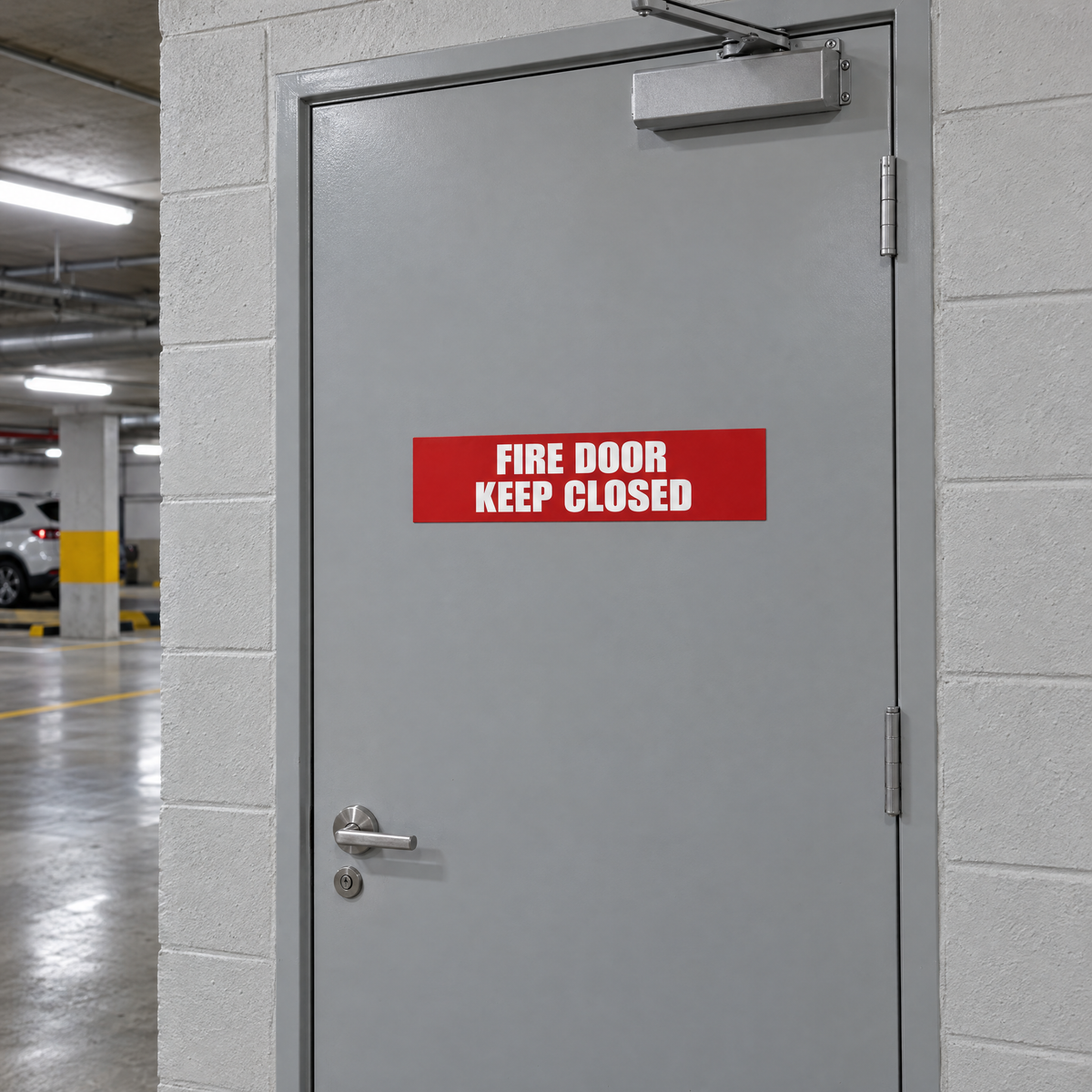 Red and white Fire Door Keep Closed sign on a plant room fire door in an Australian basement