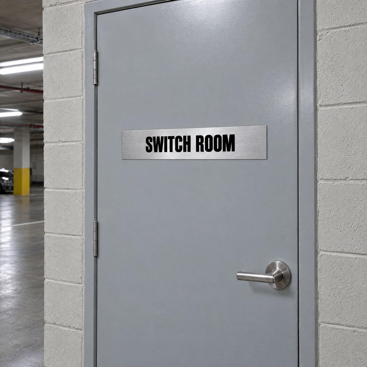 Brushed silver and black Switch Room sign on a switch room door in an Australian basement