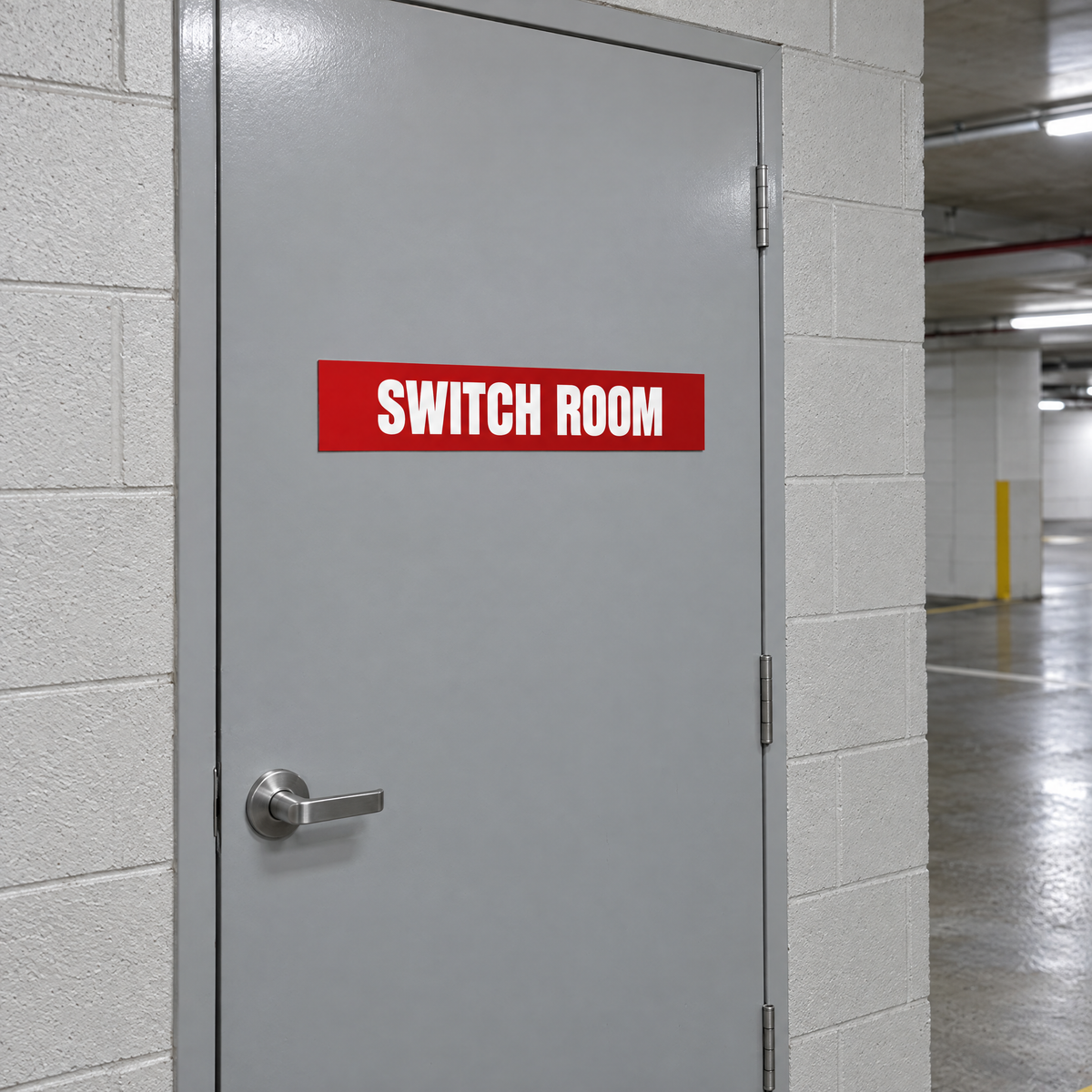 Red and white Switch Room sign on a switch room door in an Australian basement