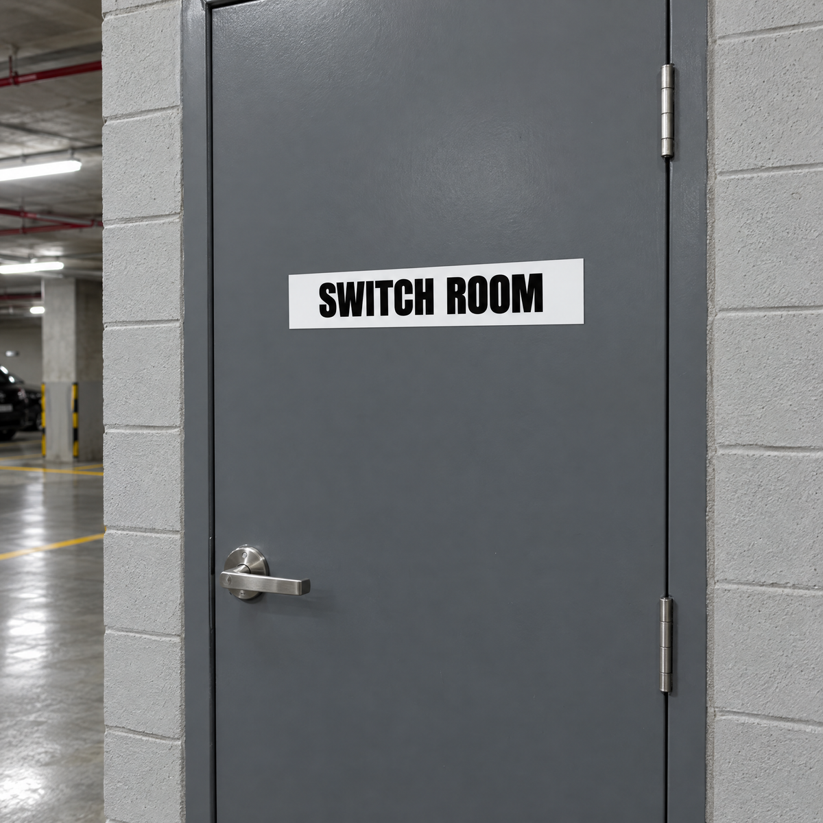 White and black Switch Room sign on a switch room door in an Australian basement