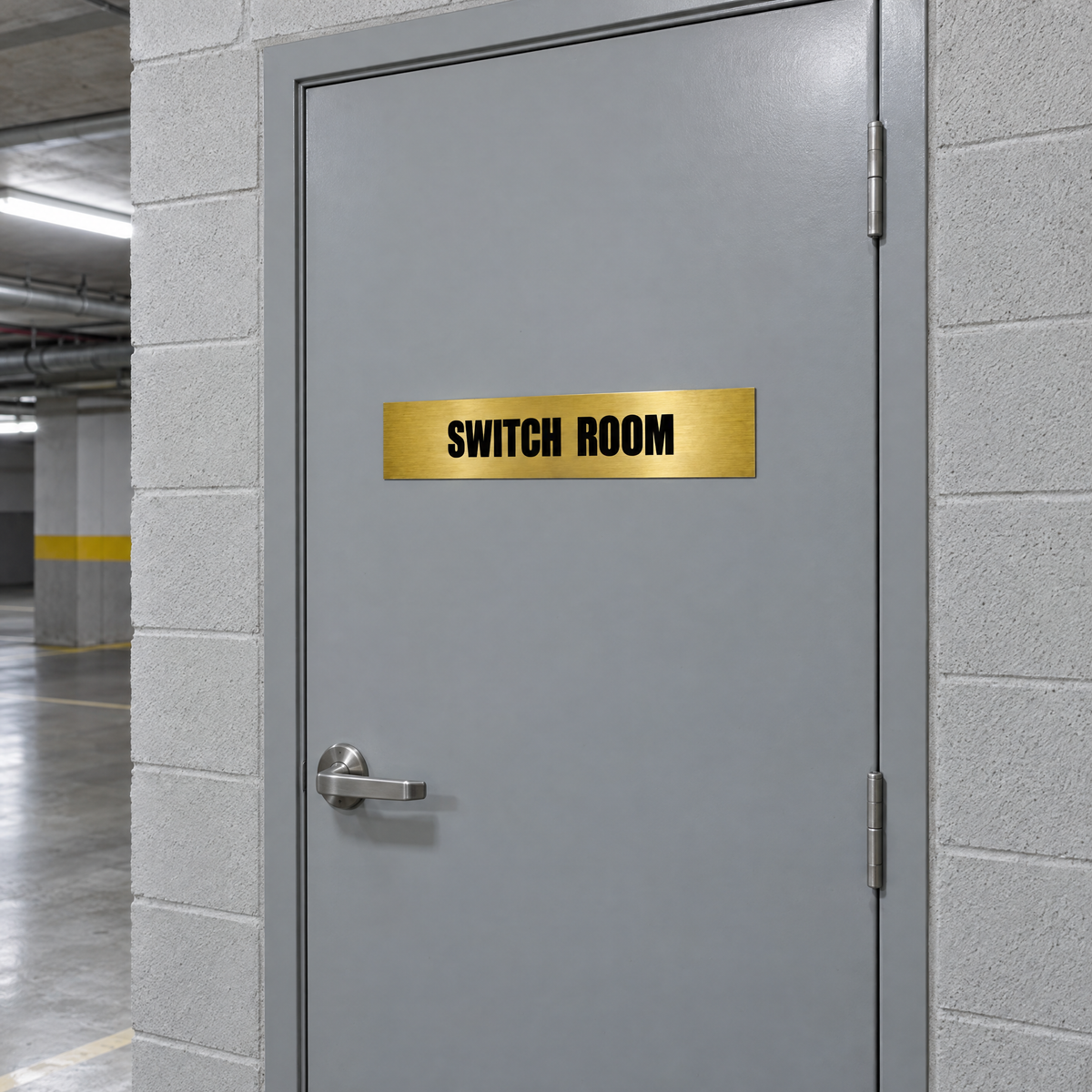 Brushed gold and black Switch Room sign on a switch room door in an Australian basement