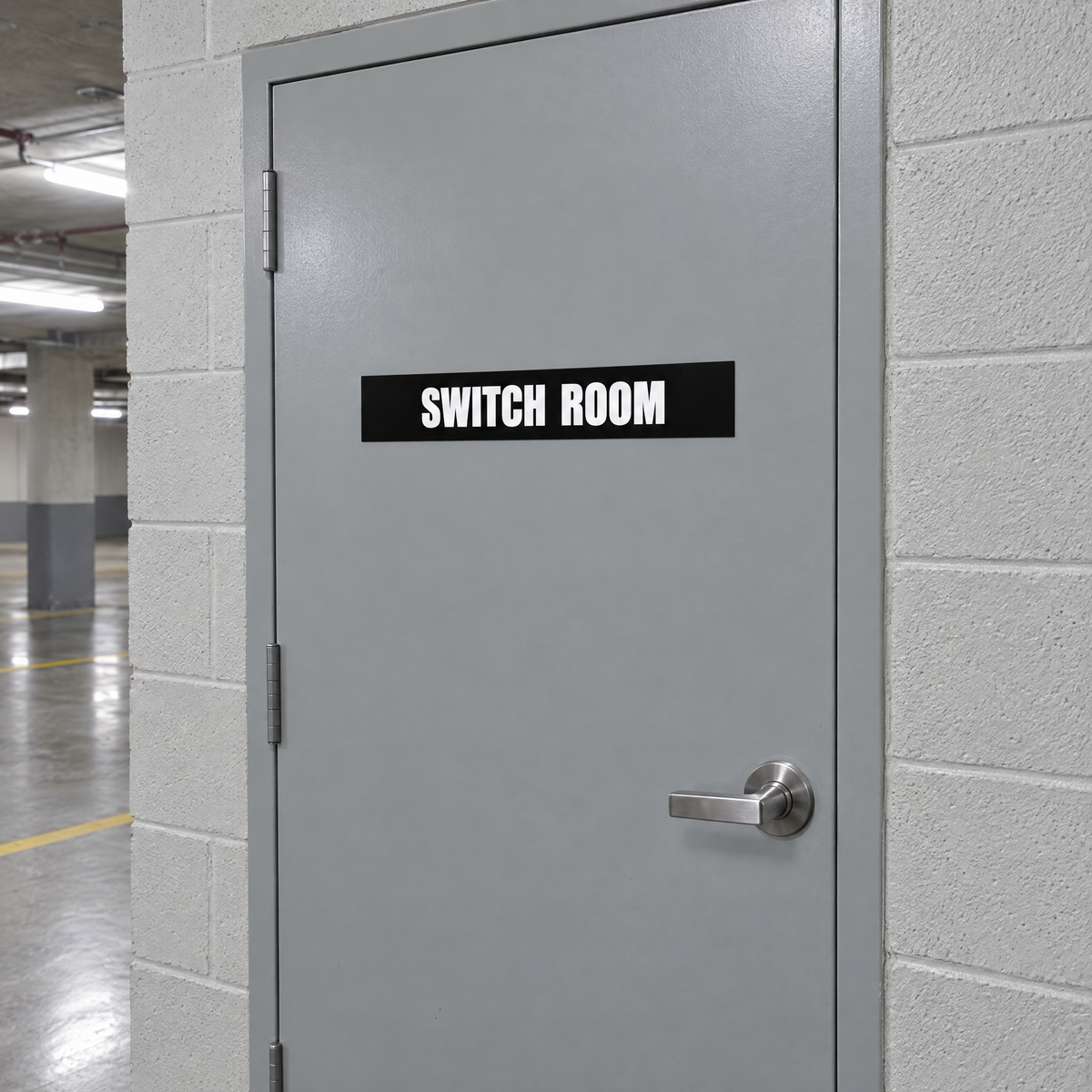 Black and white Switch Room sign on a switch room door in an Australian basement