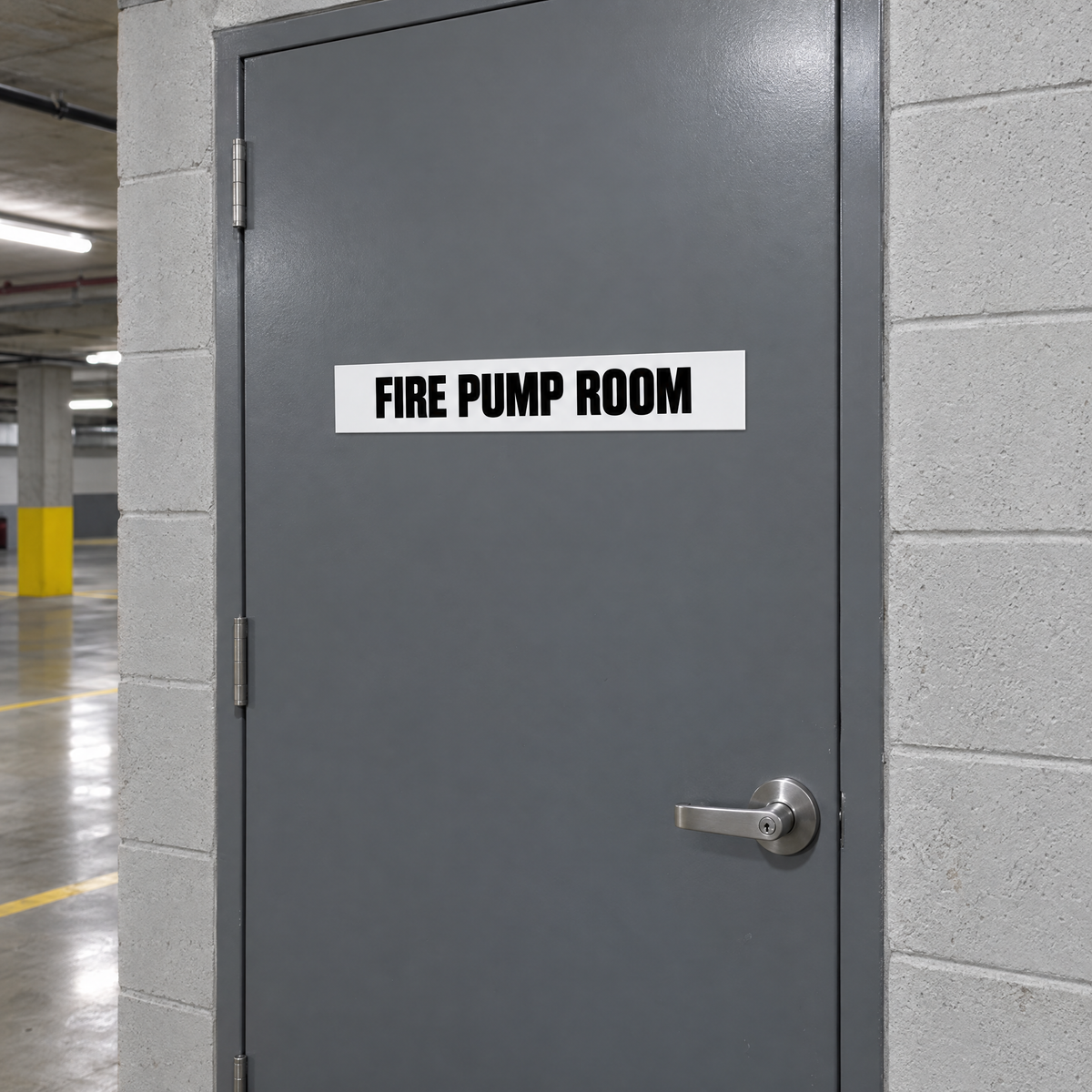 White and black Fire Pump Room sign on a fire pump room door in an Australian basement