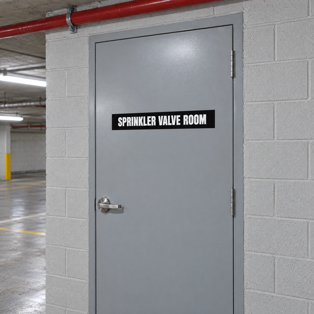 Black and white Sprinkler Valve Room sign on a sprinkler valve room door in an Australian basement