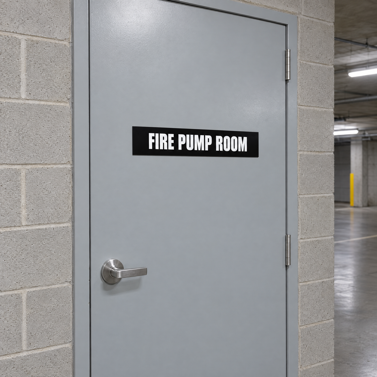Black and white Fire Pump Room sign on a fire pump room door in an Australian basement