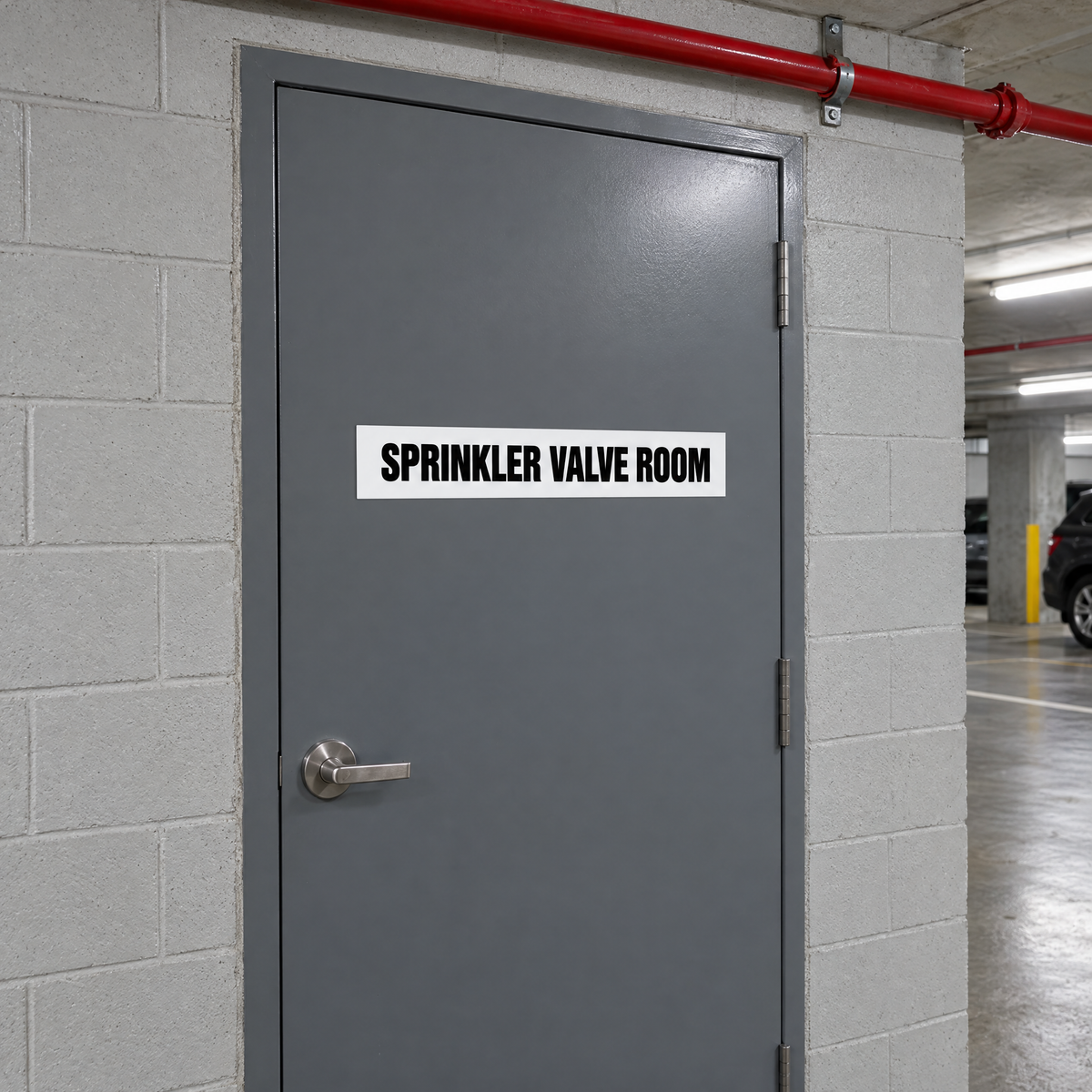 White and black Sprinkler Valve Room sign on a sprinkler valve room door in an Australian basement