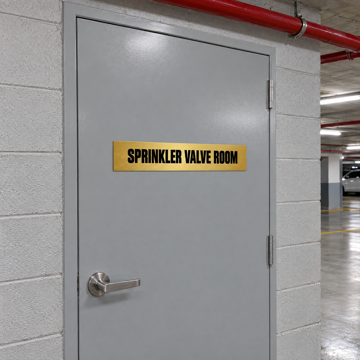 Brushed gold and black Sprinkler Valve Room sign on a sprinkler valve room door in an Australian basement