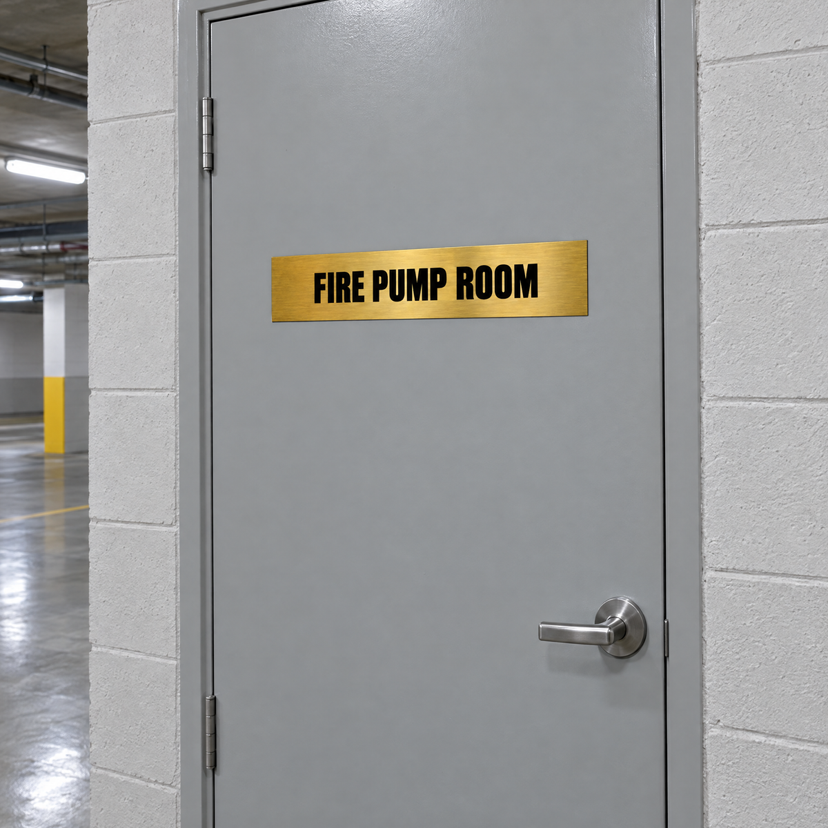 Brushed gold and black Fire Pump Room sign on a fire pump room door in an Australian basement
