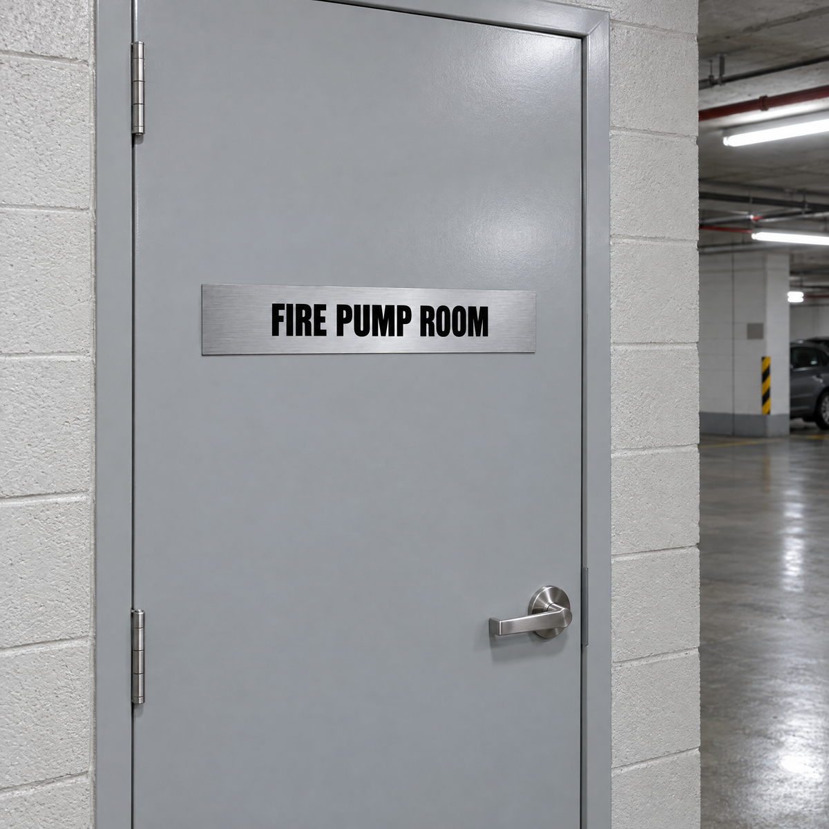 Brushed silver and black Fire Pump Room sign on a fire pump room door in an Australian basement