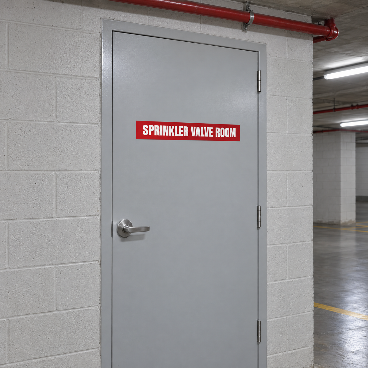 Red and white Sprinkler Valve Room sign on a sprinkler valve room door in an Australian basement