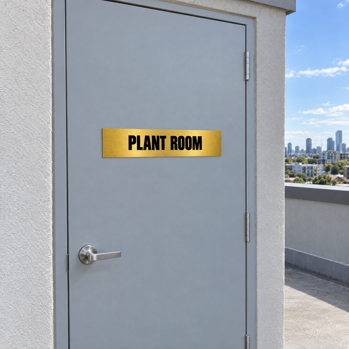 Brushed gold and black Plant Room sign on a plant room door on an Australian rooftop