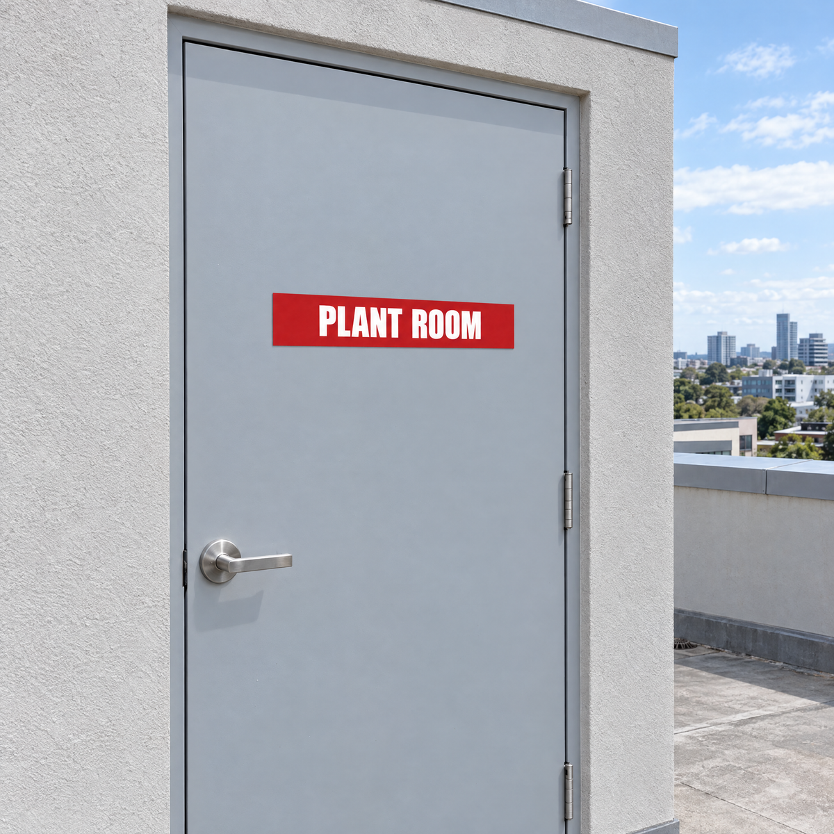Red and white Plant Room sign on a plant room door on an Australian rooftop
