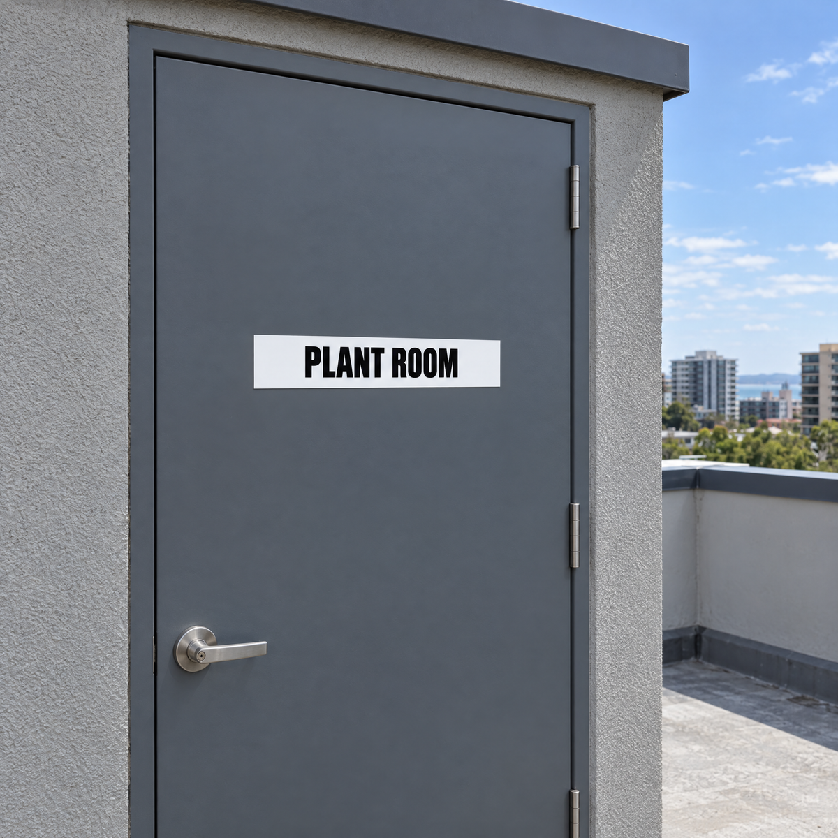 White and black Plant Room sign on a plant room door on an Australian rooftop