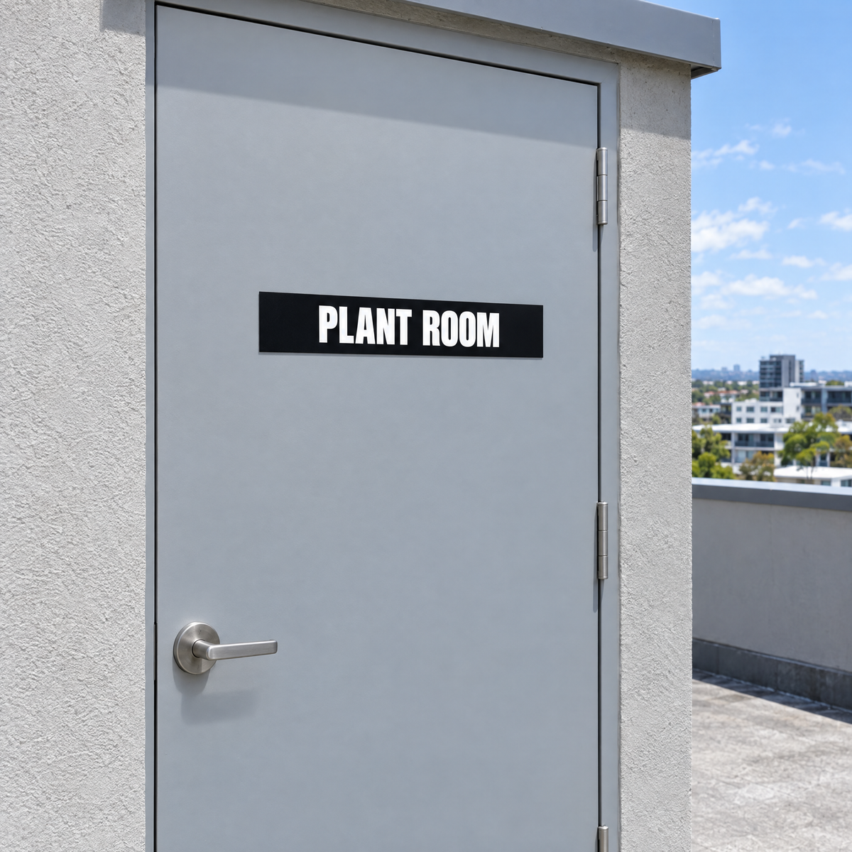 Black and white Plant Room sign on a plant room door on an Australian rooftop
