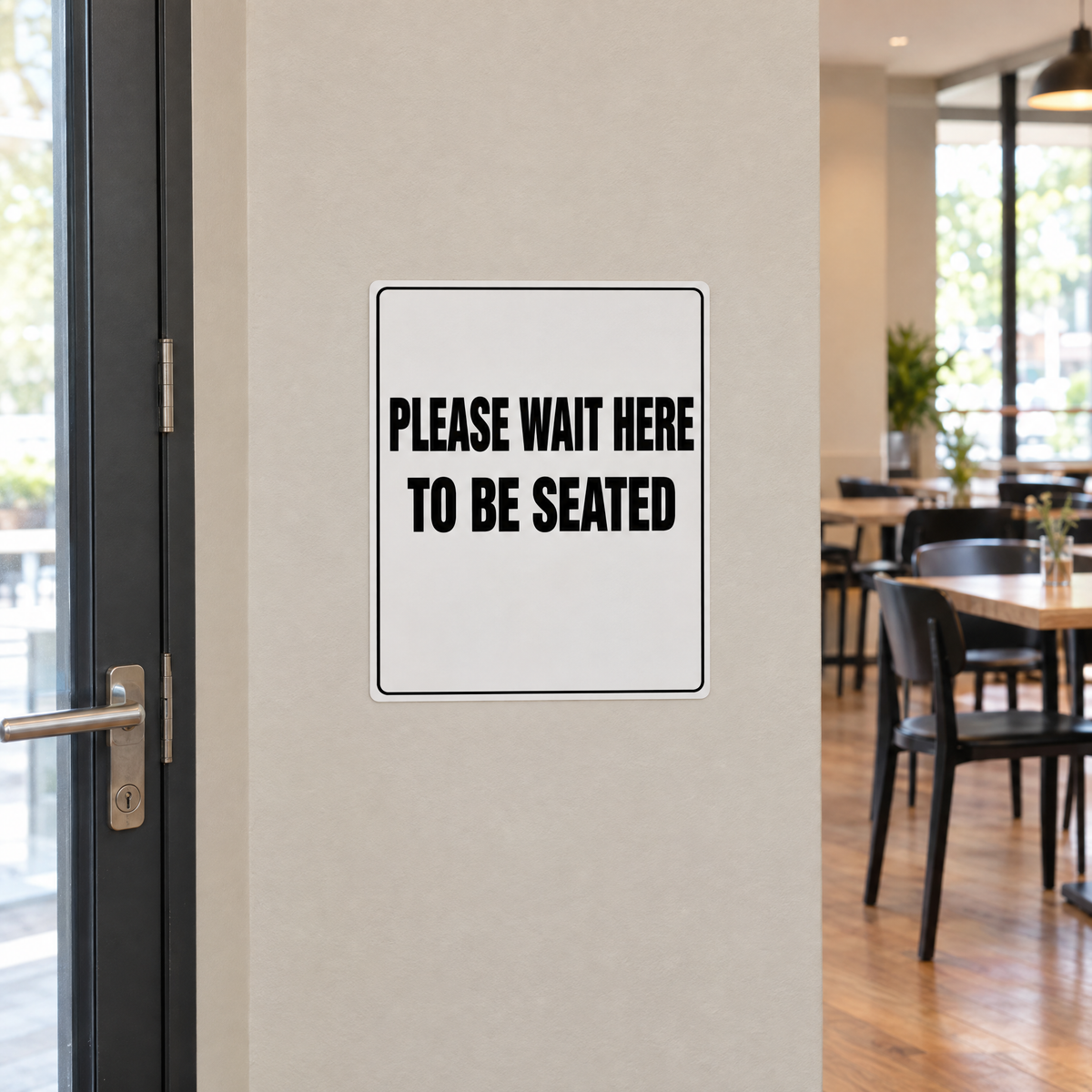 Please Wait Here to Be Seated Sign installed on site