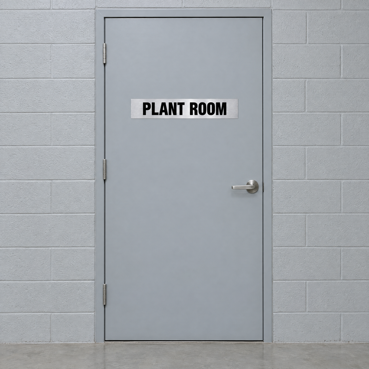 Plant Room Sign – Silver & Black installed on site