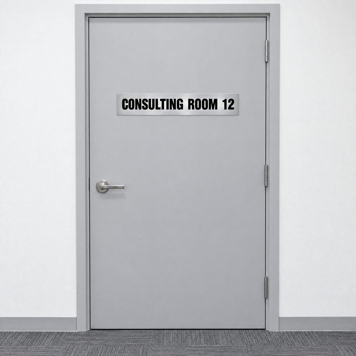 Consulting Room Sign with Custom Number – Silver & Black installed on site