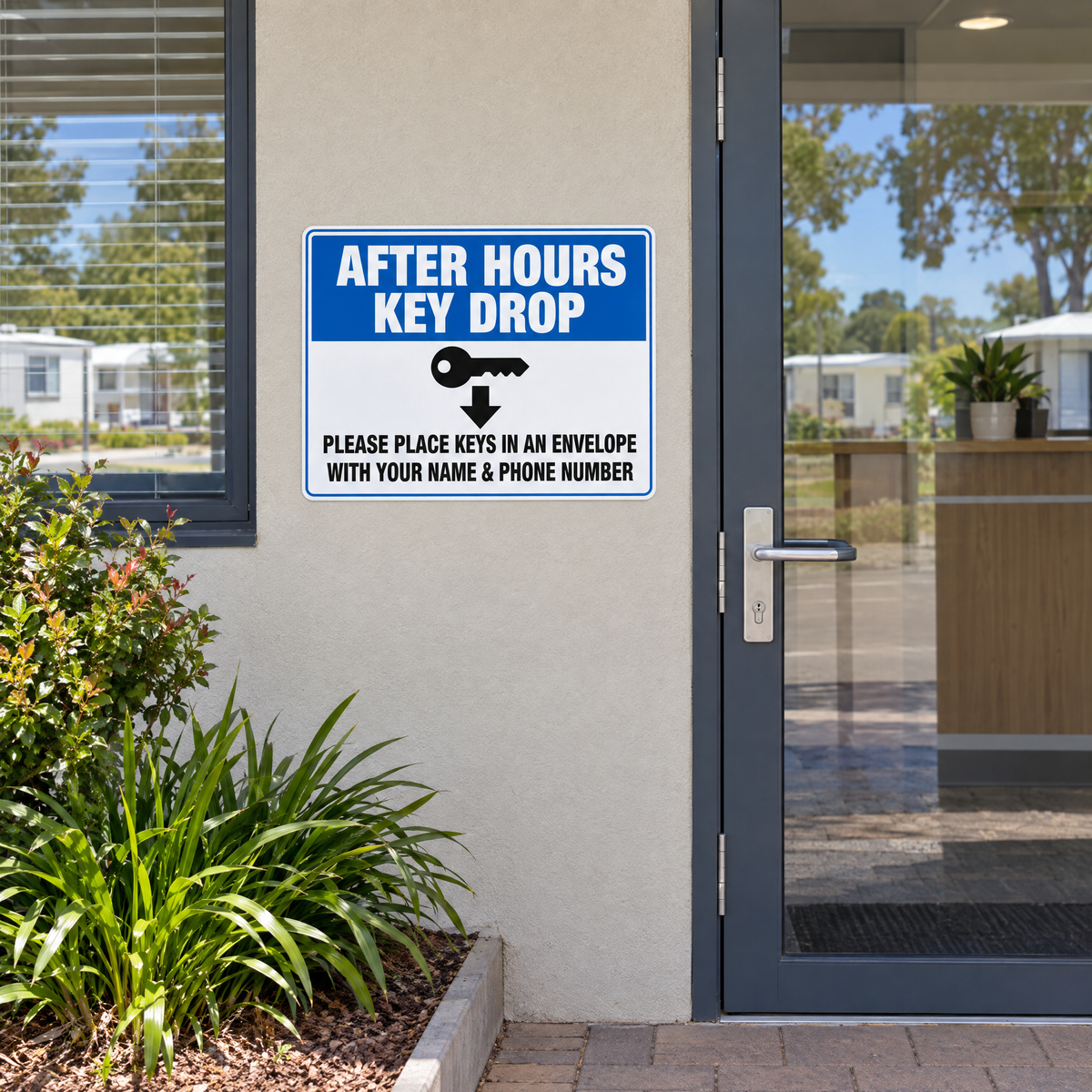 After Hours Key Drop Sign installed on site