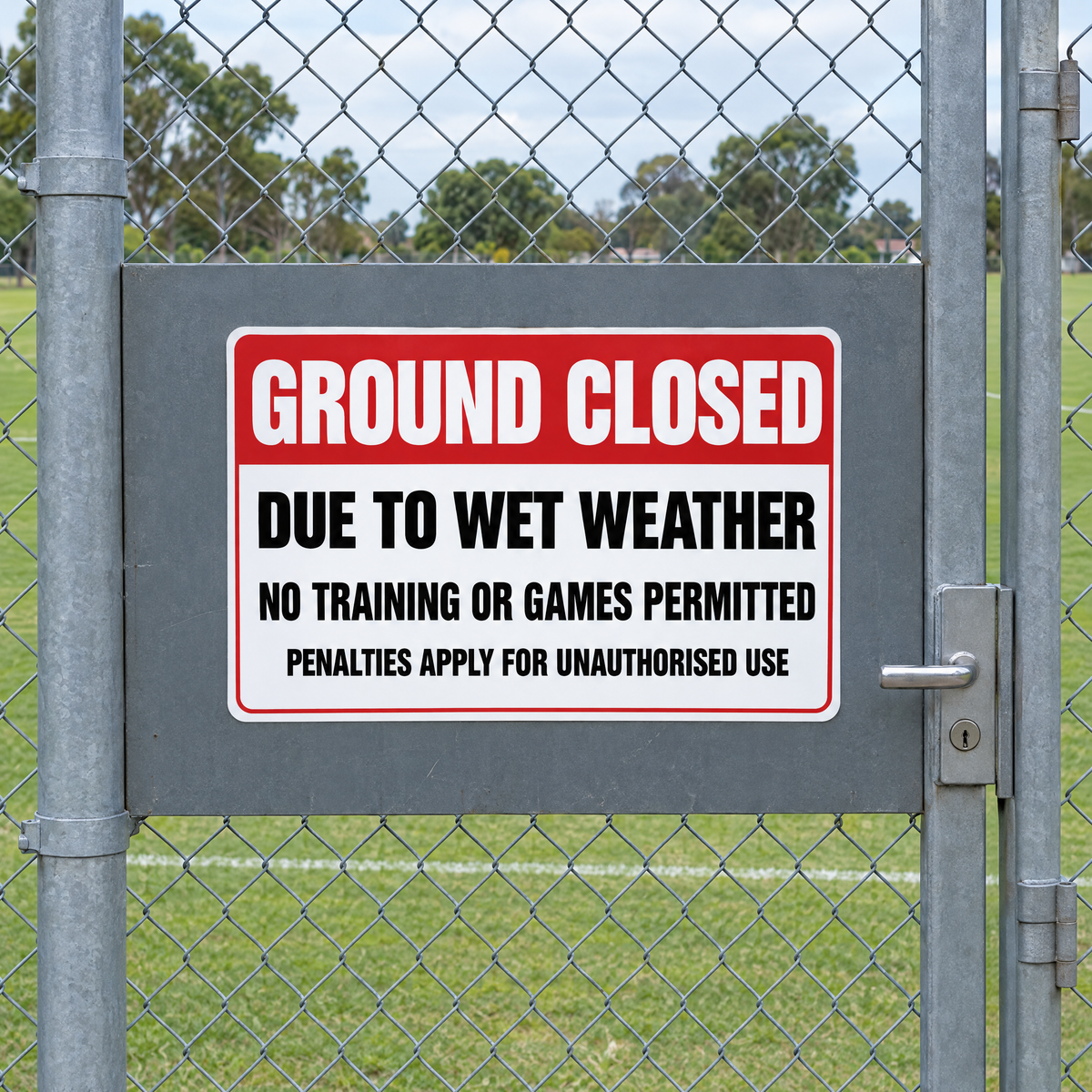Ground Closed Due to Wet Weather Sign installed on site