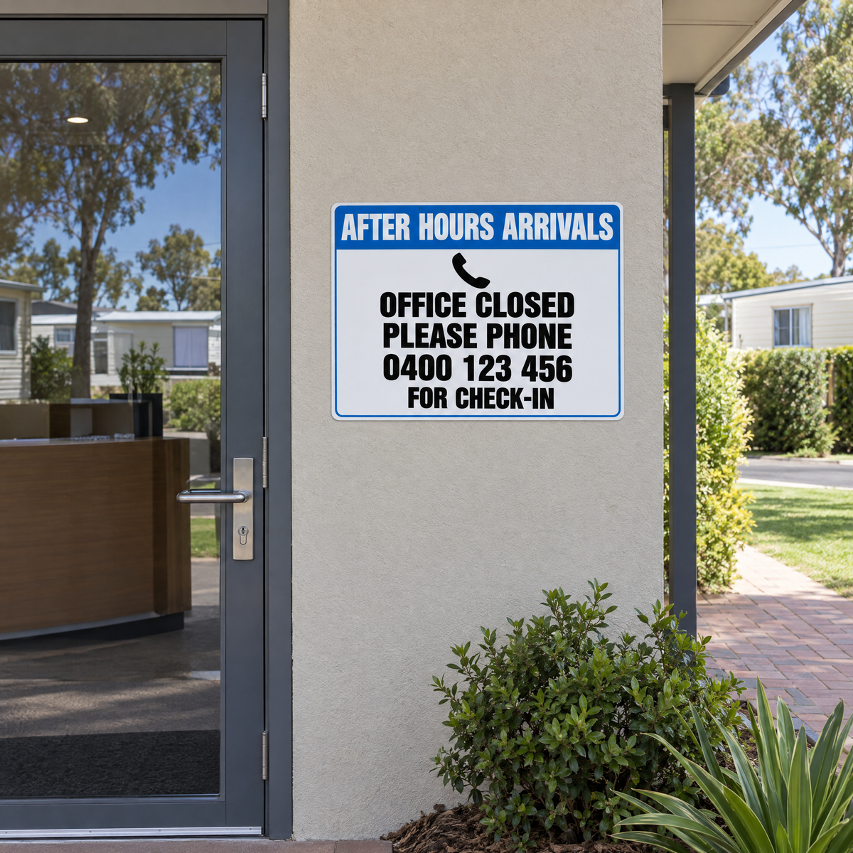 After Hours Arrivals Please Phone Sign with Custom Phone Number installed on site