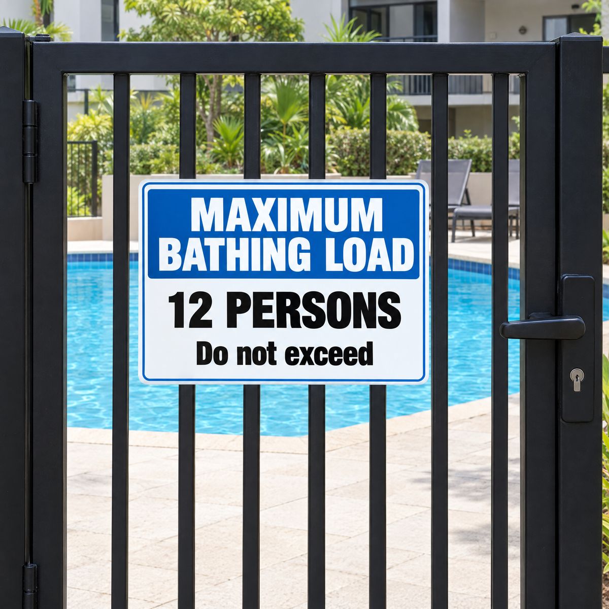 Maximum Bathing Load Sign with Custom Number installed on site