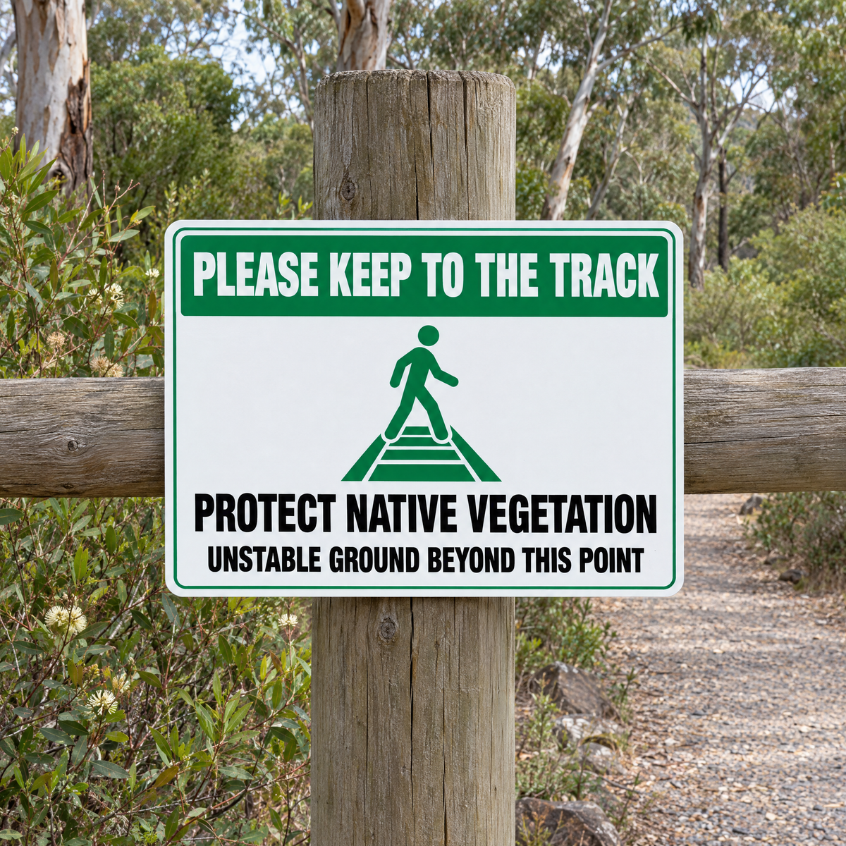 Please Keep to the Track Sign installed on site