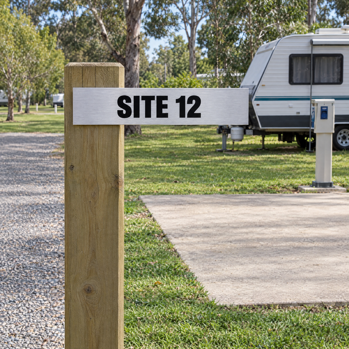 Camp Site Number Plate – Silver & Black installed on site