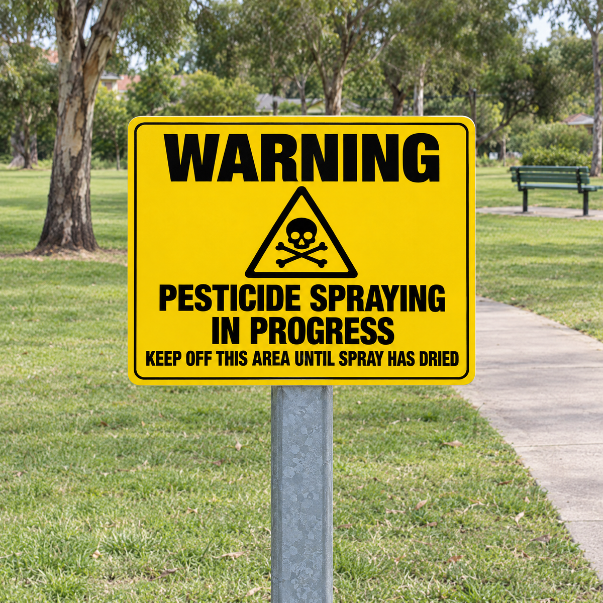 Warning Pesticide Spraying in Progress Keep Off This Area Sign installed on site