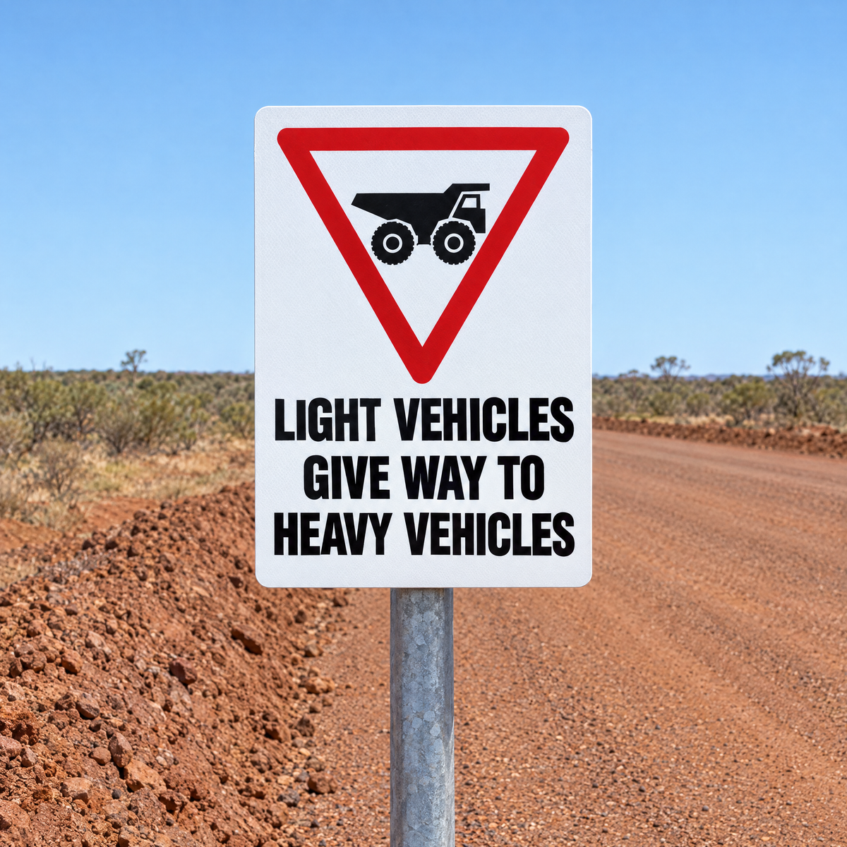 Light Vehicles Give Way to Heavy Vehicles Sign installed on site – SignShine Australia