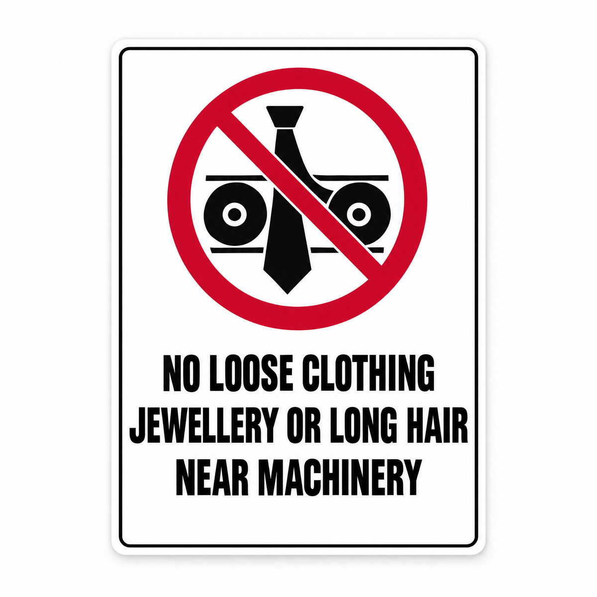 No Loose Clothing, Jewellery or Long Hair Near Machinery Sign – Australian made, matt laminated safety sign by SignShine