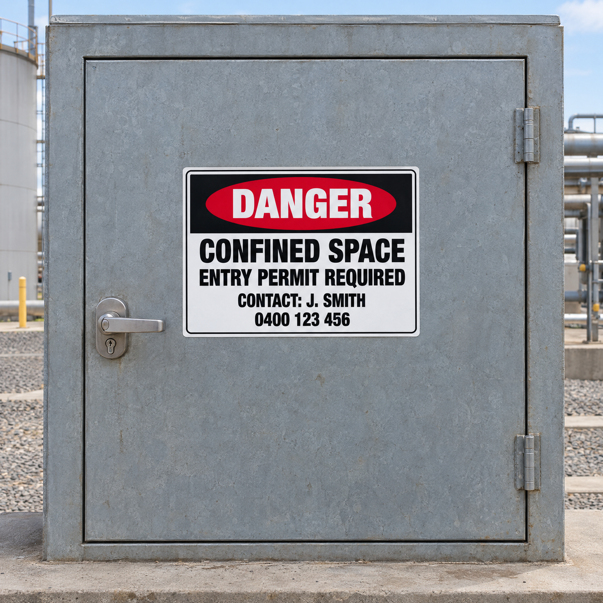 Danger Confined Space Entry Permit Required Sign with Custom Name & Number installed on site – SignShine Australia