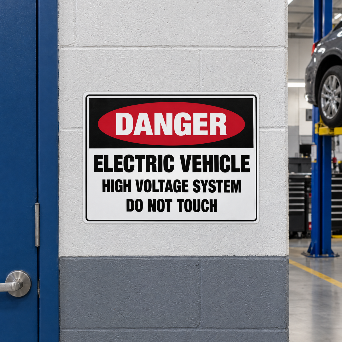 Danger Electric Vehicle High Voltage System Do Not Touch Sign installed on site – SignShine Australia