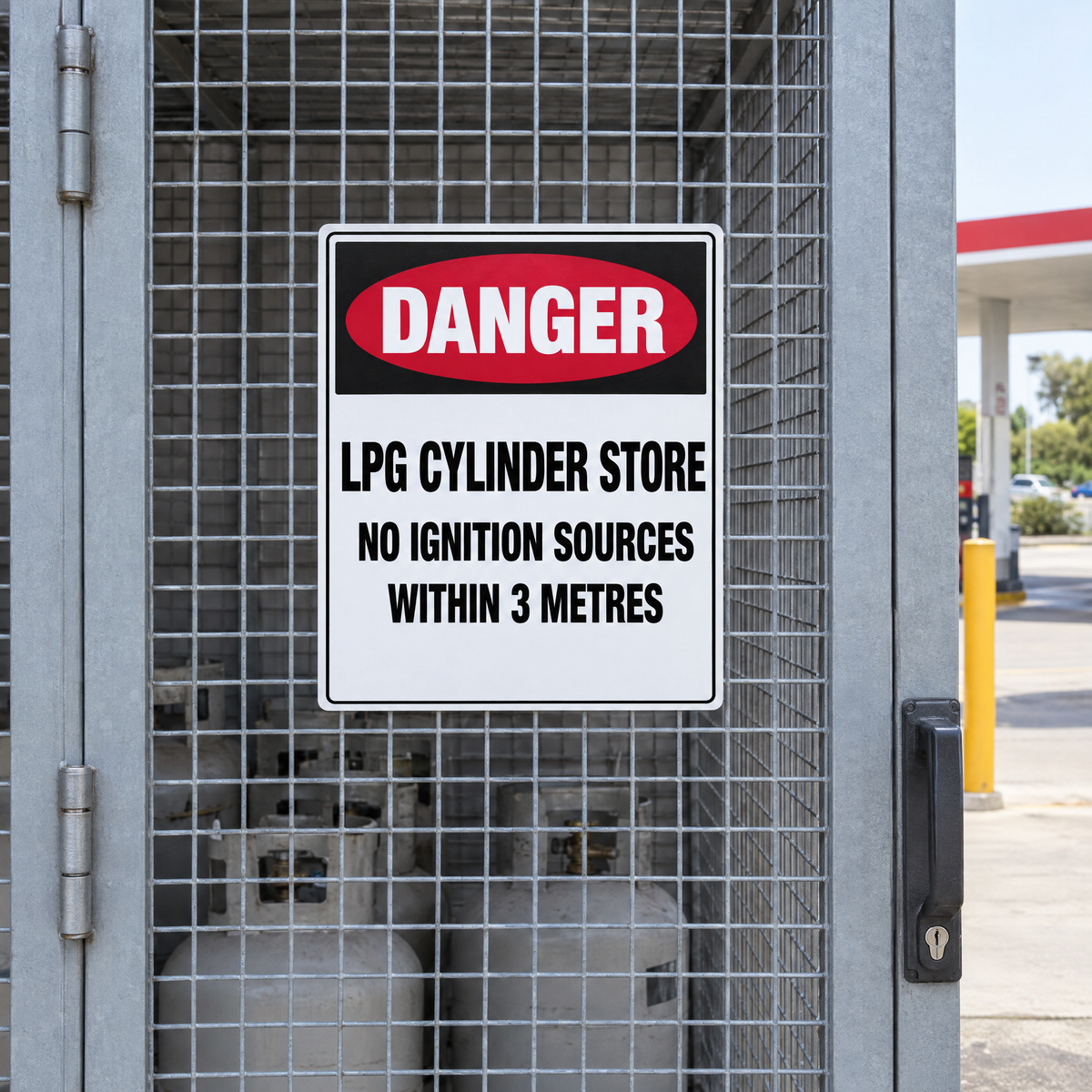 Danger LPG Cylinder Store No Ignition Sources Within 3m Sign installed on site – SignShine Australia