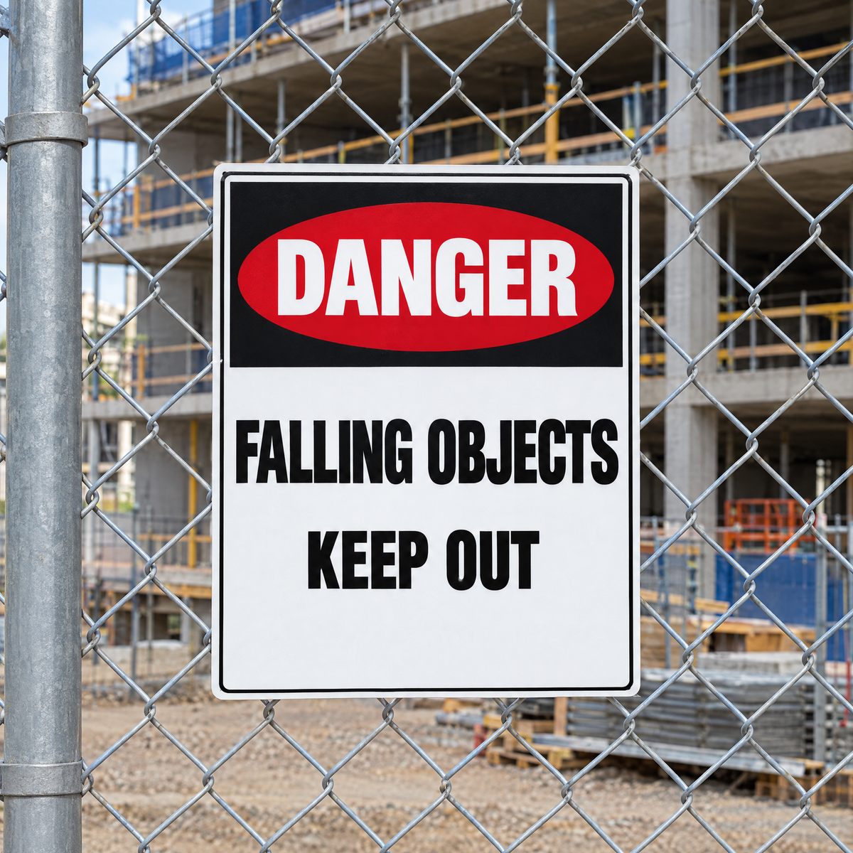 Danger Falling Objects Keep Out Sign installed on site – SignShine Australia
