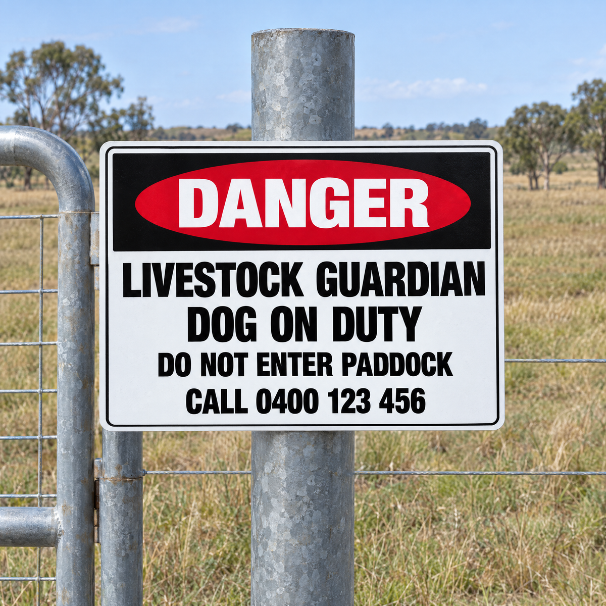 Livestock Guardian Dog on Duty Sign with Custom Number installed on site – SignShine Australia