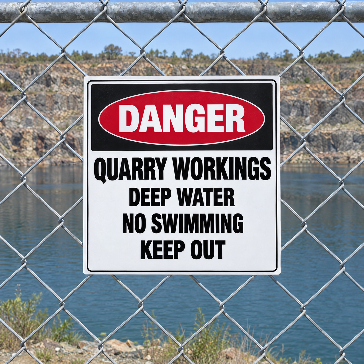Danger Quarry Workings Deep Water No Swimming Keep Out Sign installed on site – SignShine Australia