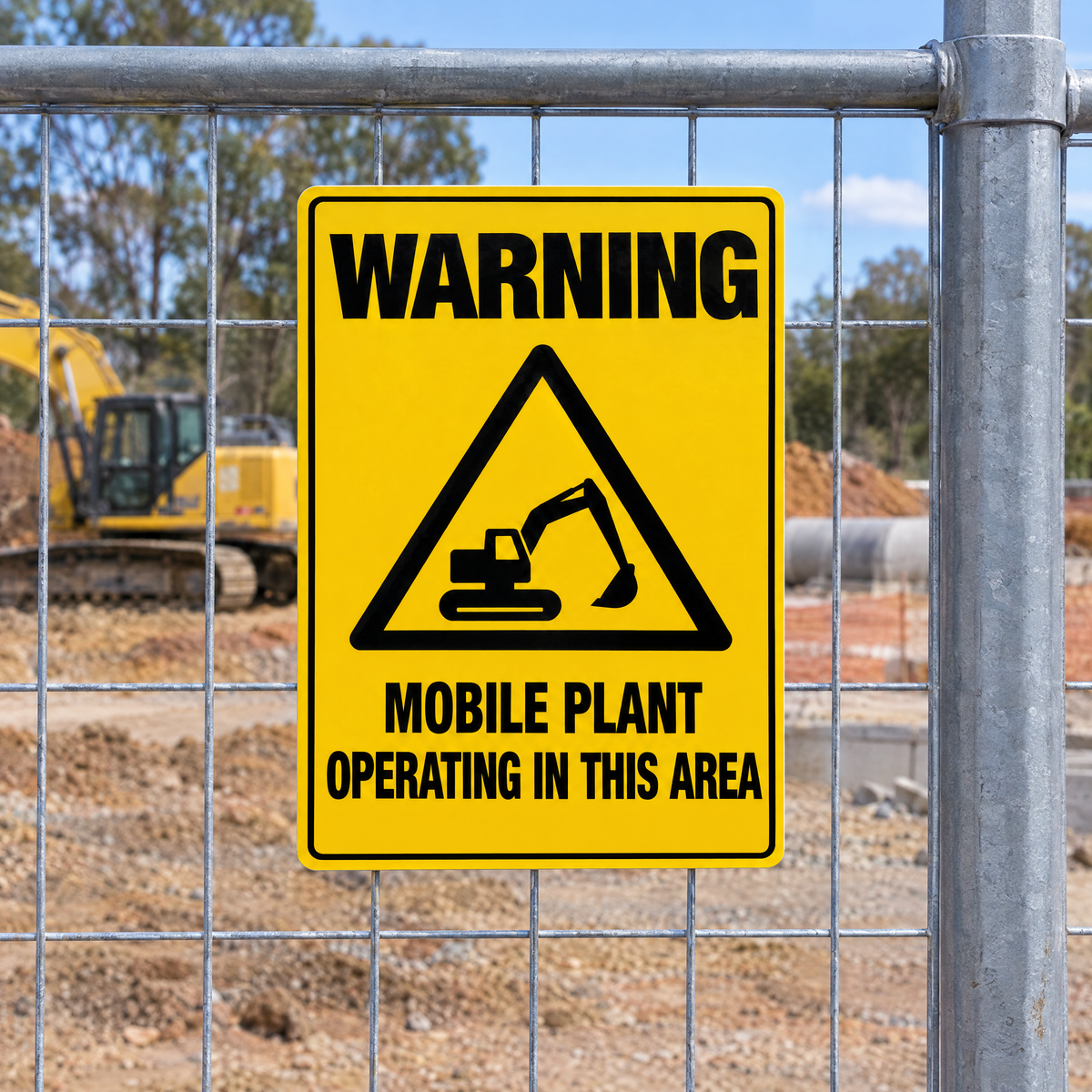 Warning Mobile Plant Operating in This Area Sign installed on site – SignShine Australia