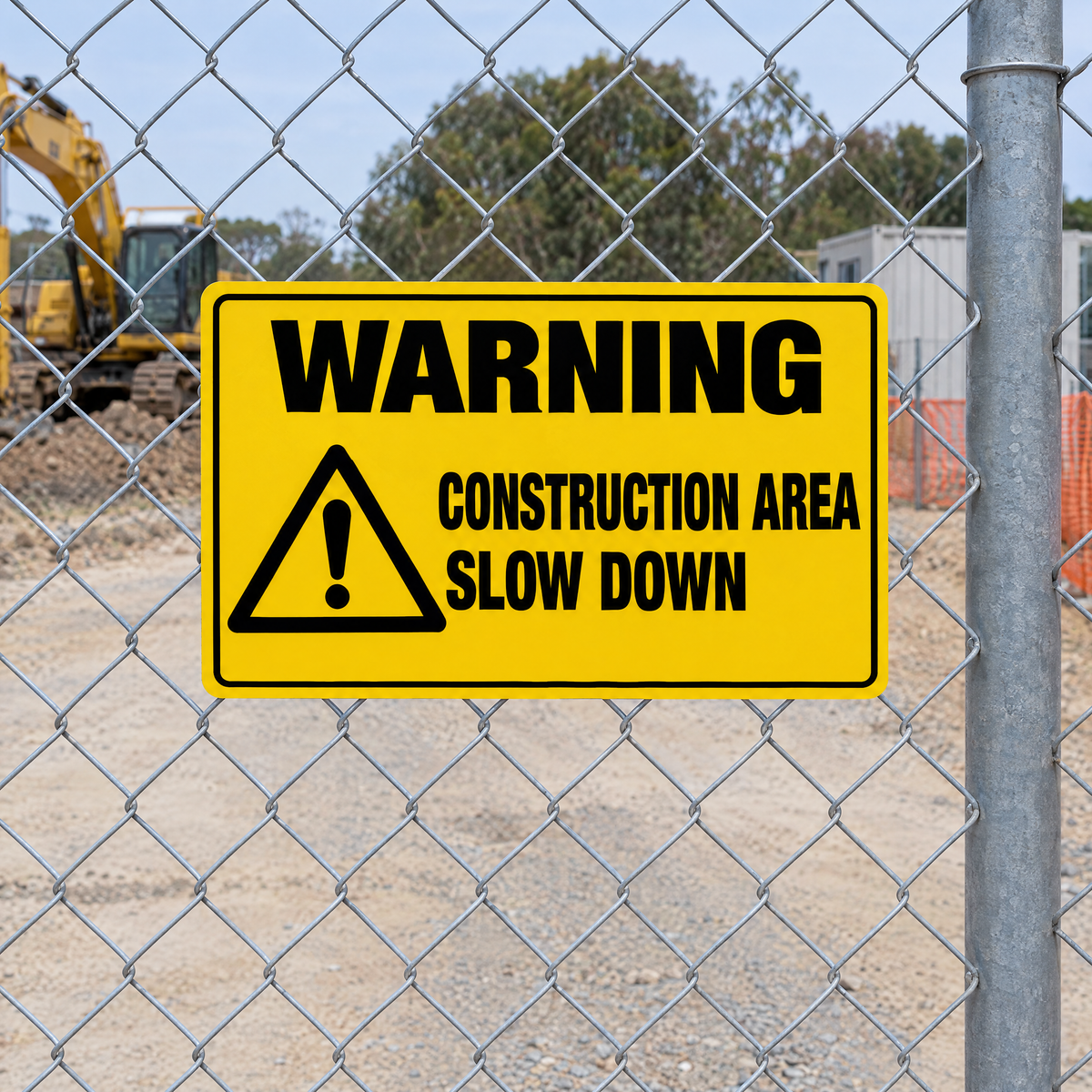 Warning Construction Area Slow Down Sign installed on site – SignShine Australia