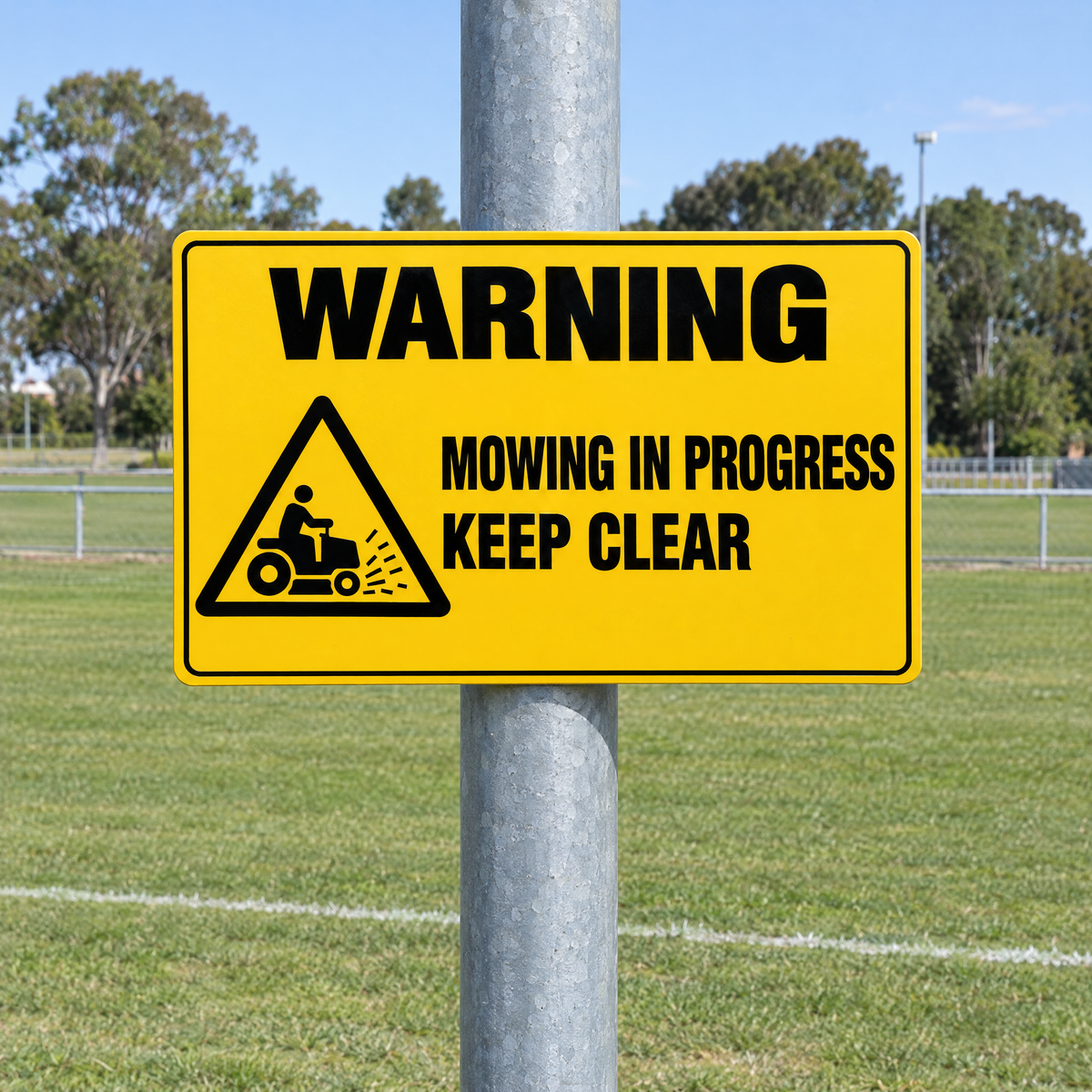 Warning Mowing in Progress Sign installed on site – SignShine Australia