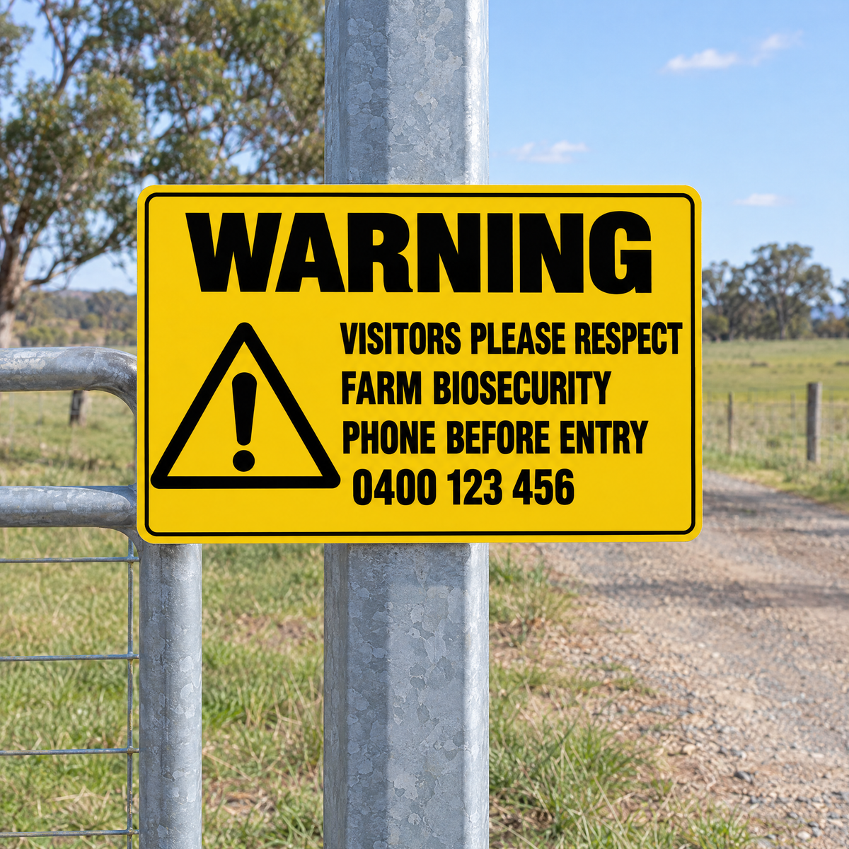 Warning Visitors Please Respect Farm Biosecurity Sign with Custom Number installed on site – SignShine Australia