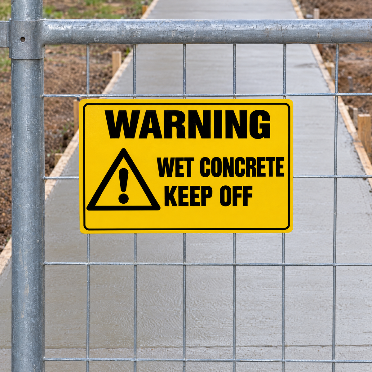 Warning Wet Concrete Keep Off Sign installed on site – SignShine Australia