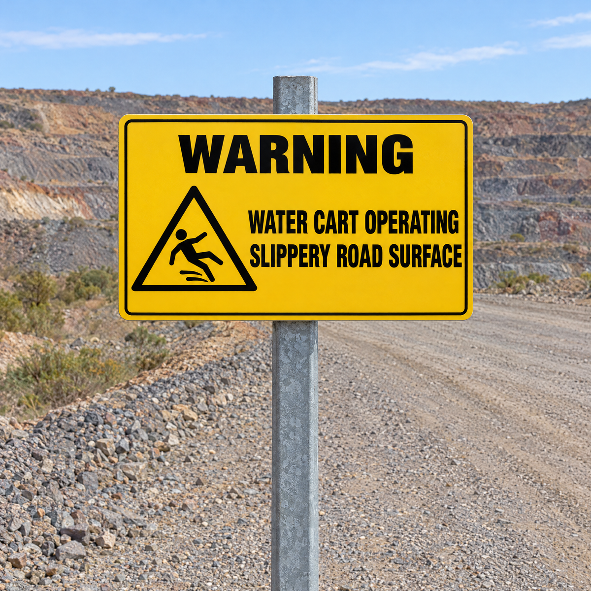 Warning Water Cart Operating Slippery Road Surface Sign installed on site – SignShine Australia