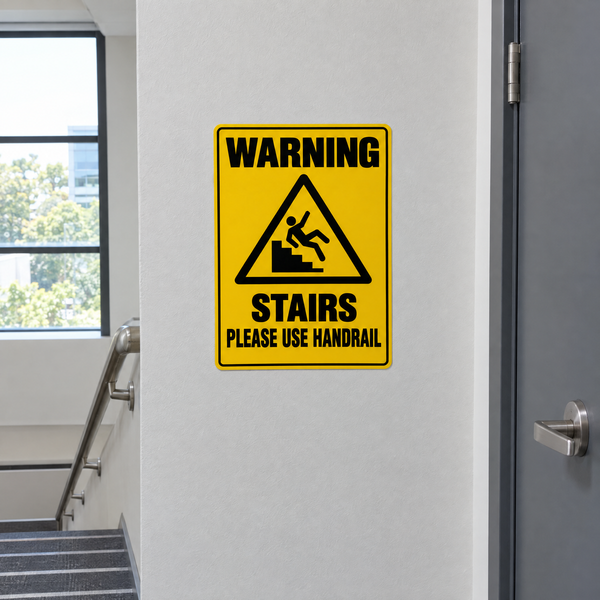 Warning Stairs Please Use Handrail Sign installed on site – SignShine Australia
