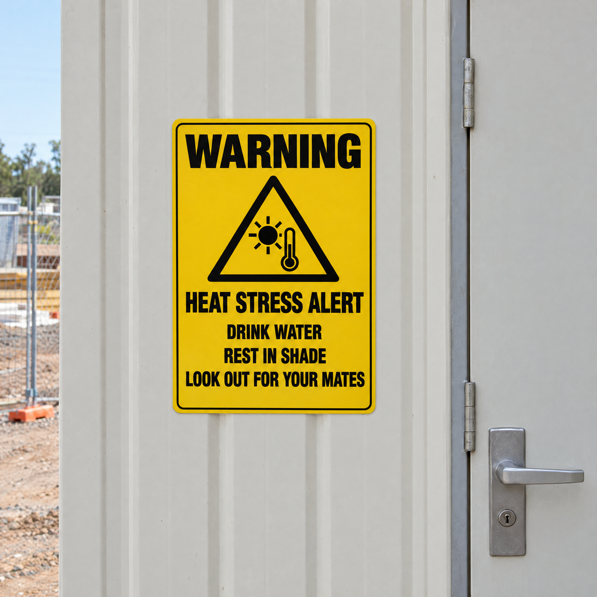 Heat Stress Alert Drink Water Rest in Shade Look Out for Your Mates Sign installed on site – SignShine Australia