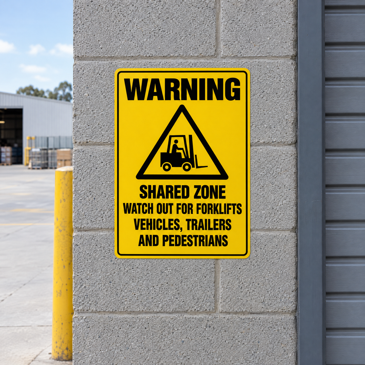 Watch Out for Forklifts, Vehicles, Trailers, Pedestrians, Shared Zone Sign installed on site – SignShine Australia
