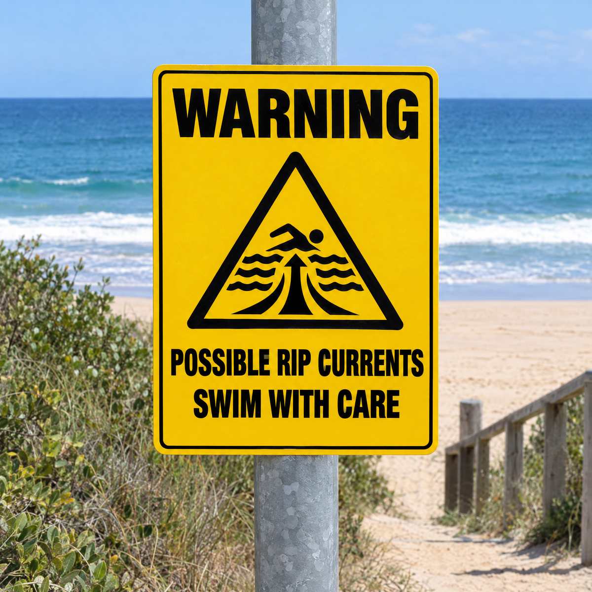Possible Rip Currents Swim with Care Sign installed on site – SignShine Australia