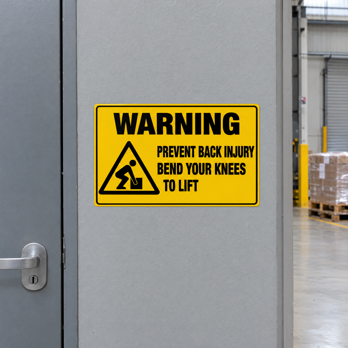 Prevent Back Injury Bend Your Knees to Lift Sign installed on site – SignShine Australia